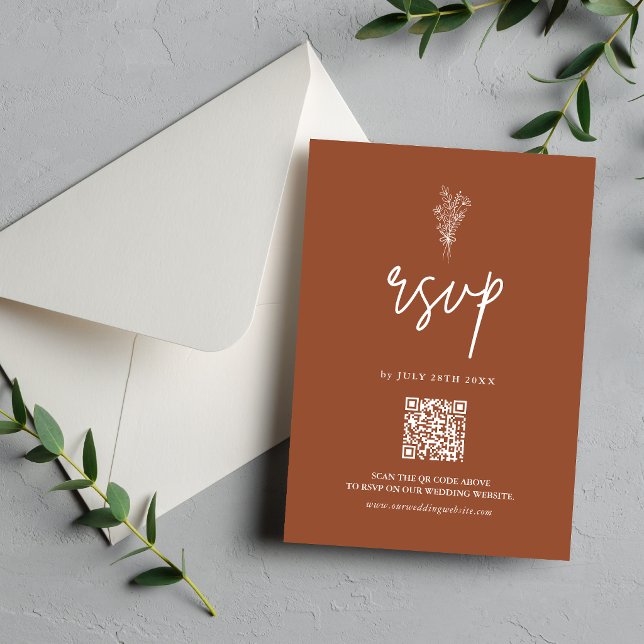 Terracotta Burnt Orange Rustic Wedding QR Code RSVP Card (Terracotta burnt orange RSVP card with QR code makes replies easy and stylish.)