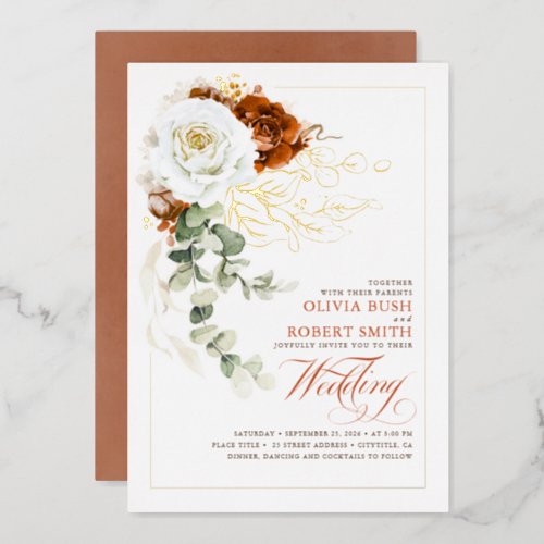 Terracotta Burnt Orange  White Floral Wedding Foil Invitation