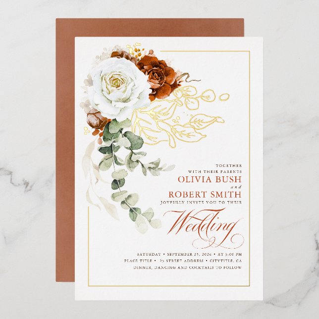 Terracotta Burnt Orange & White Floral Wedding Foil Invitation (Front/Back)