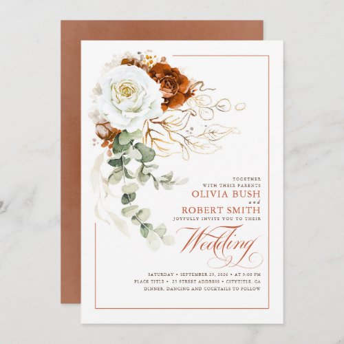 Terracotta Burnt Orange  White Floral Wedding Invitation