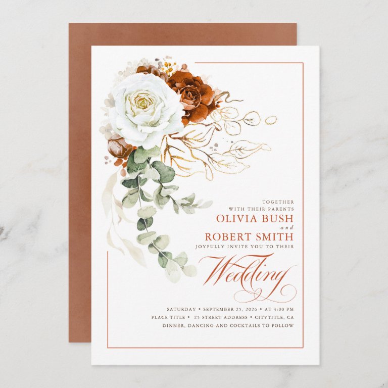 Terracotta Burnt Orange &amp; White Floral Wedding Invitation