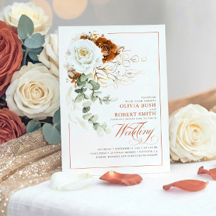 Terracotta Burnt Orange & White Floral Wedding Invitation