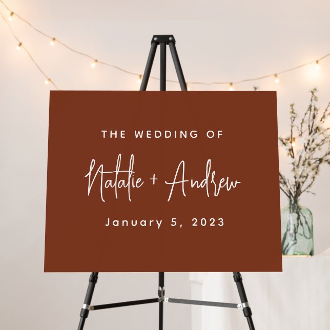 Terracotta Burnt Umber Classic Script Wedding Sign (In Situ (Stand))