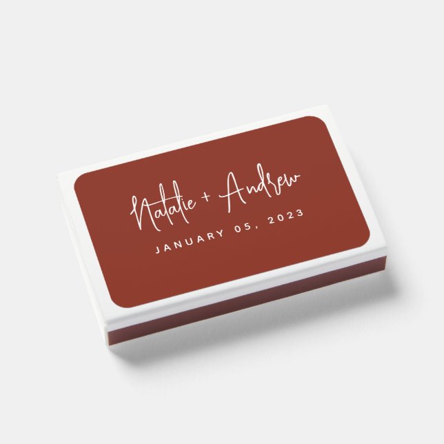 Terracotta Burnt Umber Script Calligraphy Wedding Matchboxes (Front Closed)