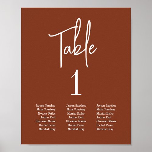 Terracotta Burnt Umber Script Table Seating Chart