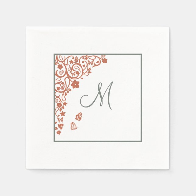 Terracotta Butterfly Garden Sage Script Monogram Napkins (Front)