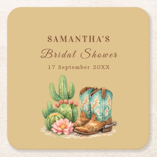 Terracotta Cactus Arizona Cowgirl Bridal Shower Square Paper Coaster