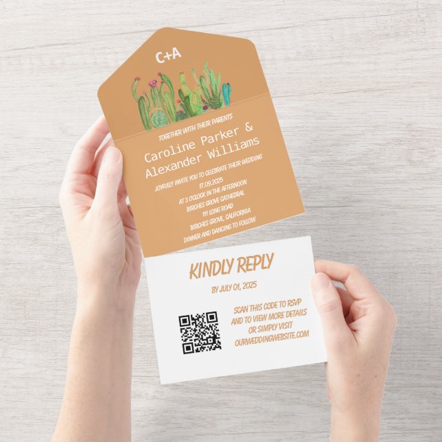 Terracotta Cactus Desert Arizona RSVP QR Code  All In One Invitation (Tearaway)