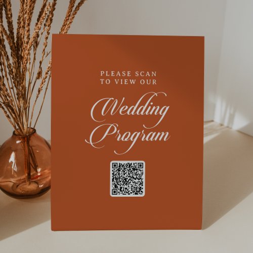 Terracotta Calligraphy QR Code Wedding Program Pedestal Sign