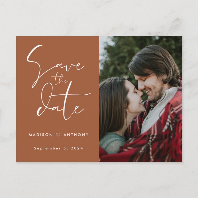 Terracotta Calligraphy Save the Date Wedding Photo Invitation Postcard (Front)