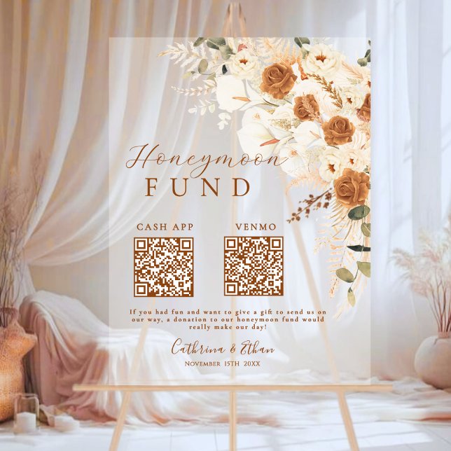 Terracotta Calligraphy Wedding Honeymoon Fund QR  Acrylic Sign (Creator Uploaded)