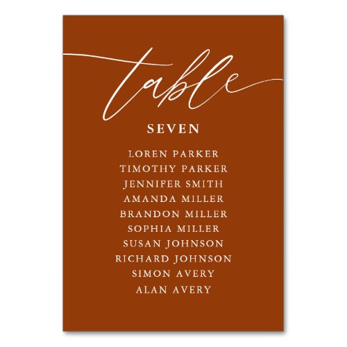 Terracotta CalligraphyWedding Seating Chart Table Number