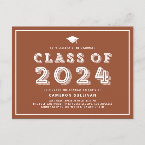 Terracotta Cap Class of 2024 Retro Graduation Invitation Postcard