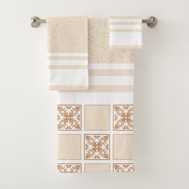 Terracotta Checkered Tile Pattern | Rustic Geometr Bath Towel Set (Insitu)
