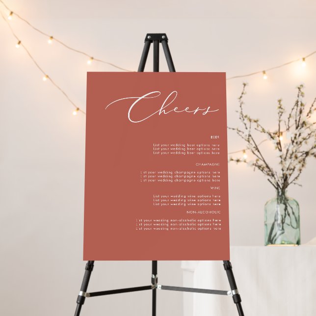 Terracotta Cheers Wedding Drinks Menu Sign (In Situ (Stand))