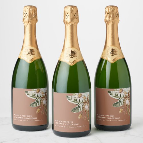 Terracotta chic botanical elegant tropical wedding sparkling wine label