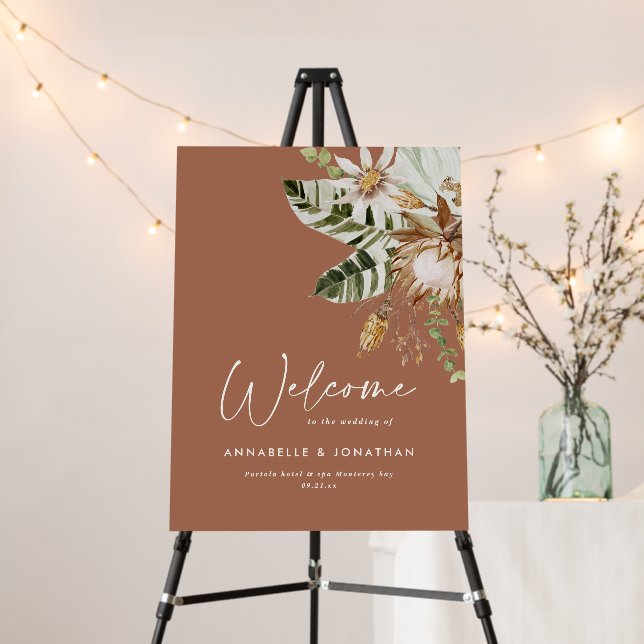 Terracotta chic botanical tropical wedding welcome foam board (In Situ (Stand))