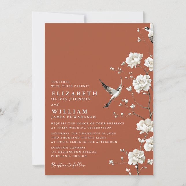 Terracotta Chinoiserie Floral All In One Wedding Invitation (Front)