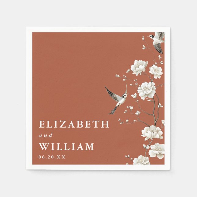 Terracotta Chinoiserie Floral Garden Wedding Napkins (Front)