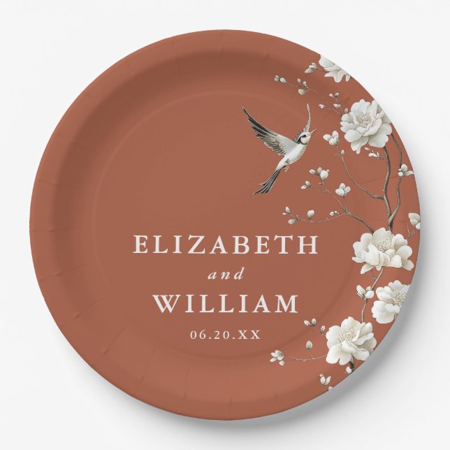 Terracotta Chinoiserie Floral Garden Wedding Paper Plates (Front)