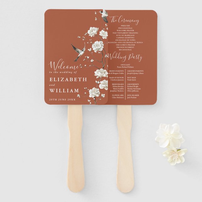 Terracotta Chinoiserie Floral Wedding Program Hand Fan (Front and Back)