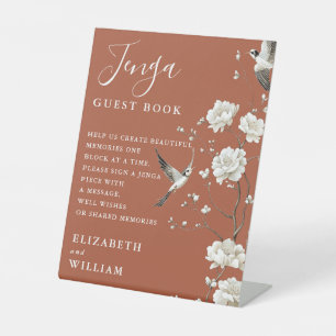 Terracotta Chinoiserie Jenga Guest Book Wedding Pedestal Sign