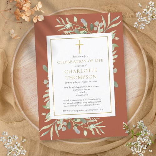 Terracotta Christian Celebration of Life Funeral Invitation