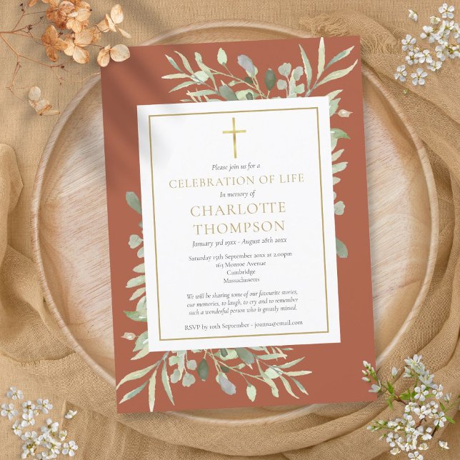 Terracotta Christian Celebration of Life Funeral Invitation (Terracotta Christian Celebration of Life Funeral Invitation)