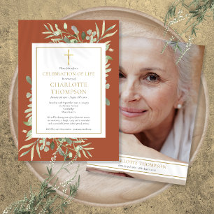 Terracotta Christian Celebration of Life Photo Invitation