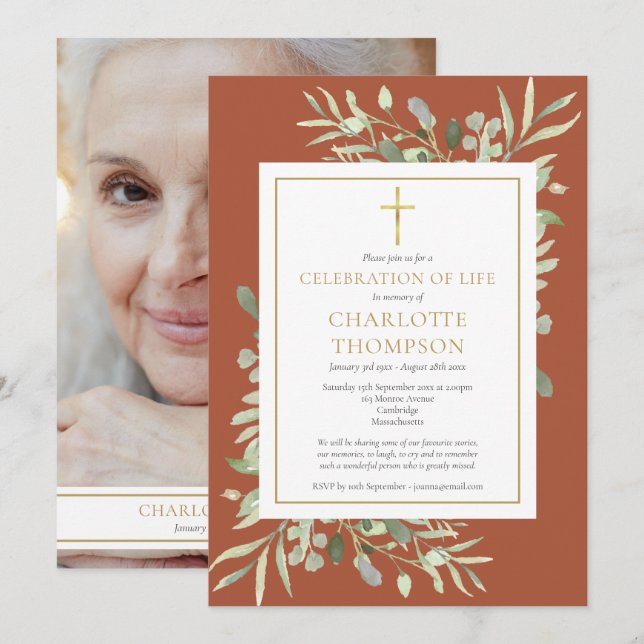 Terracotta Christian Celebration of Life Photo Invitation (Front/Back)