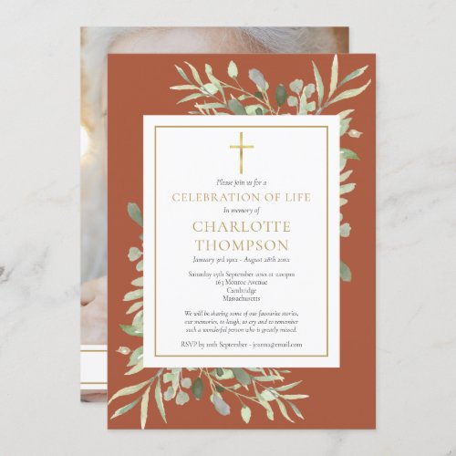 Terracotta Christian Celebration of Life Photo Invitation