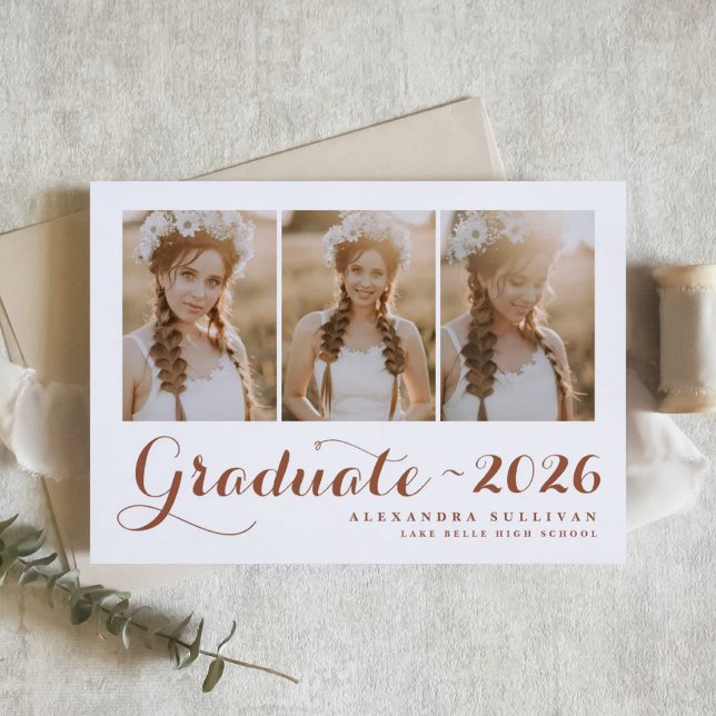 Terracotta Class of 2026 Photo Collage Graduation Invitation (Customizable photo collage graduation invitation featuring modern calligraphy. )