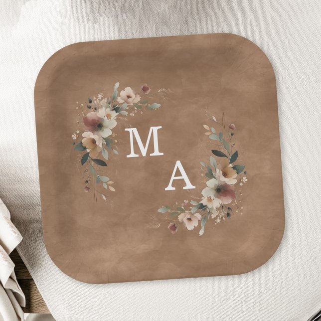 Terracotta Clay Floral Wreath Wedding Monogram Paper Plates (Decorate your celebration table in elegance with our monogrammed plates in 6 chic hues.)