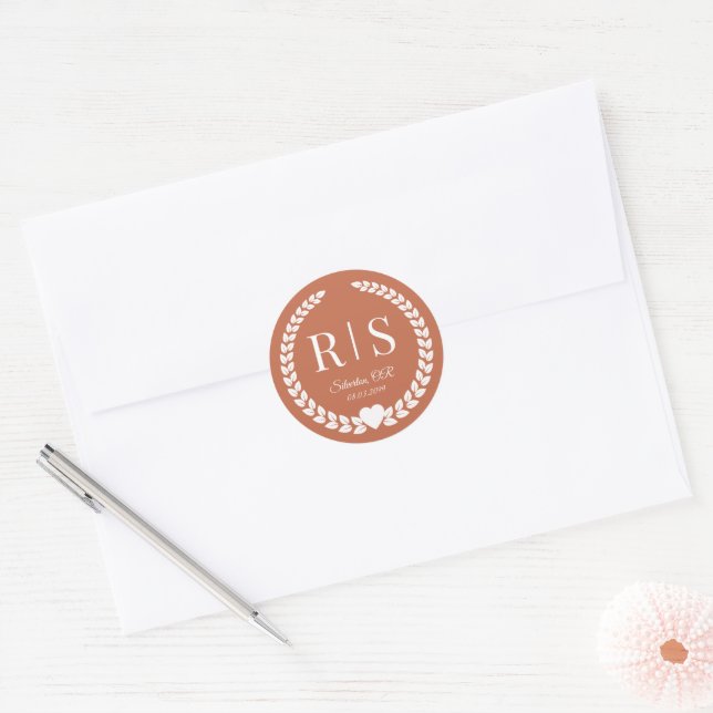 Terracotta Clay Wedding Monogram Initials Classic Round Sticker (Envelope)
