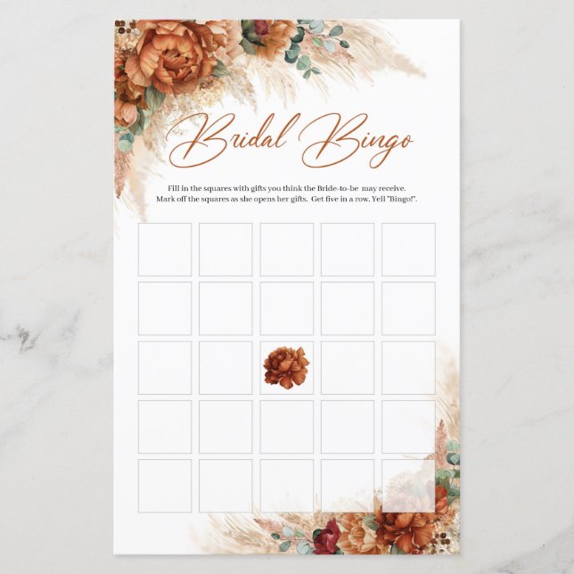 Terracotta copper floral pampas grass bridal bingo (Front)