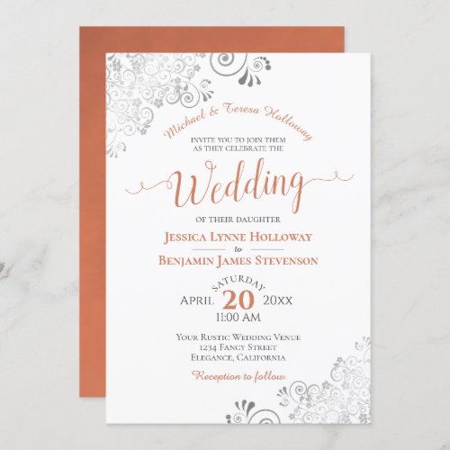 Terracotta Coral Silver Lace Formal White Wedding Invitation