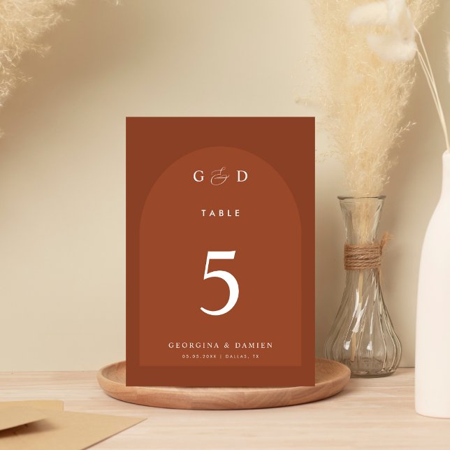 Terracotta Coriander Boho Arch Monogram Wedding  Table Number (Creator Uploaded)