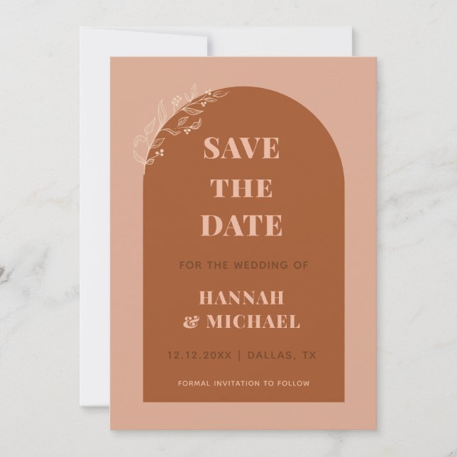 Terracotta & Cream Boho Arch Minimalist Botanical  Save The Date (Front)