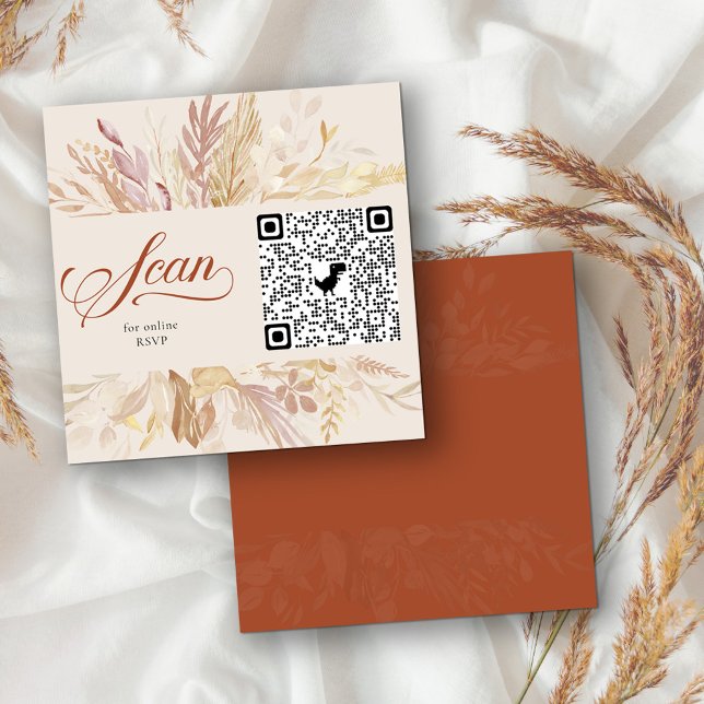 Terracotta Cream Botanical Online RSVP QR Code Enclosure Card (Square enclosure card with custom qr code for online rsvp. Terracotta burnt orange and cream)