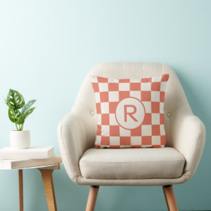 Terracotta Cream Checkered Pattern Custom Monogram Throw Pillow