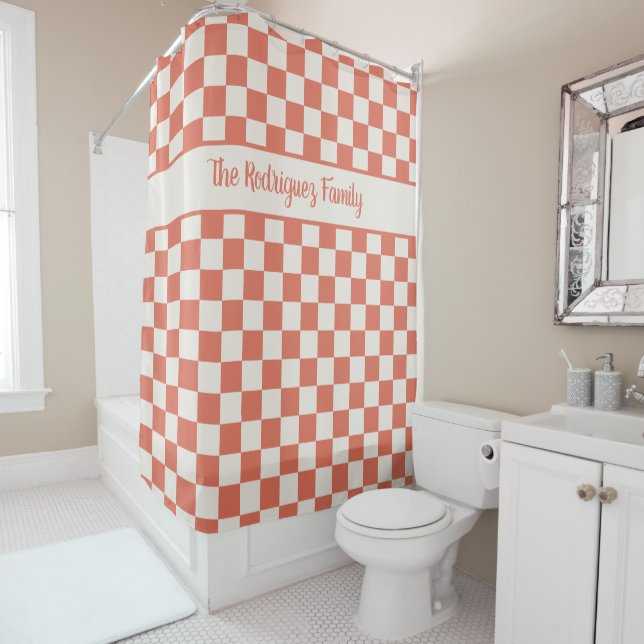 Terracotta Cream Checkered Pattern Custom Name Shower Curtain (In Situ)