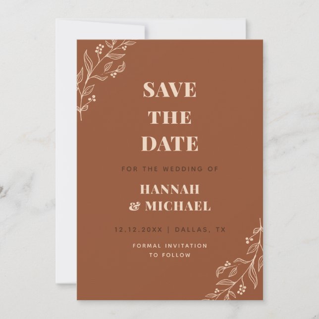 Terracotta Cream Drawn Floral Botanical Fall Leaf Save The Date (Front)