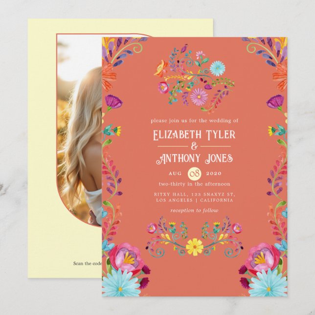 Terracotta & Cream Floral Mexican Fiesta Wedding Invitation (Front/Back)