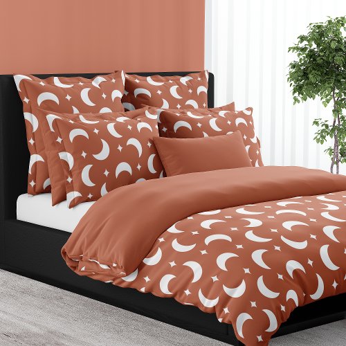 Terracotta Crescent Moon And Stars Celestial Duvet Cover