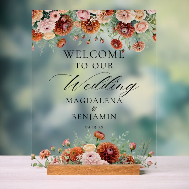 Terracotta Dahlia Flowers Calligraphy Welcome Acrylic Sign (Neutral)