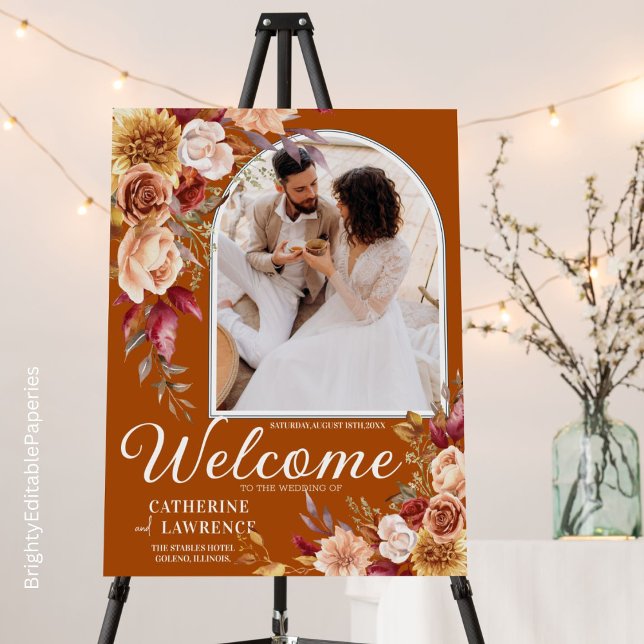 Terracotta Dahlia Photo Autum Wedding Welcome Sign (Customizable sign for your autumn wedding! 🌸 #Personalize #TerracottaDahlia)