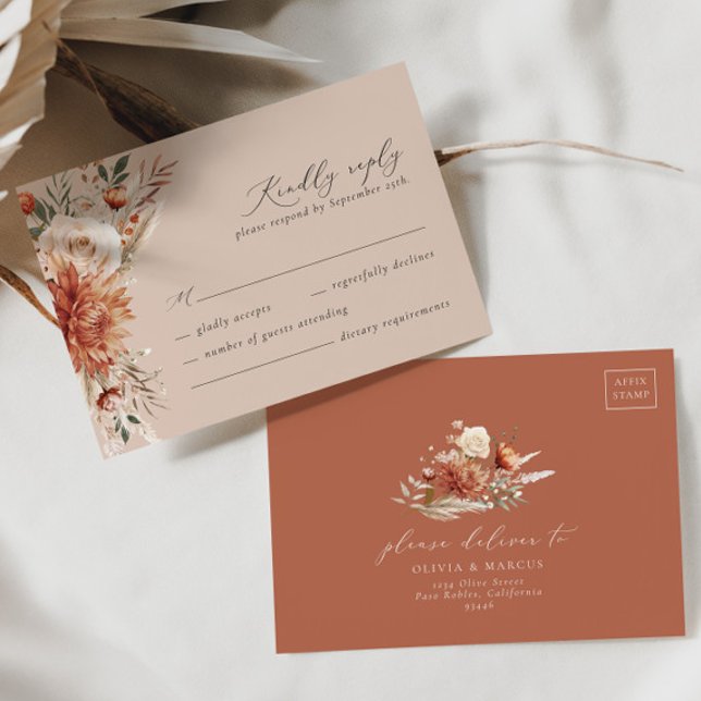 Terracotta Dahlia Rose Wedding RSVP Card (Creator Uploaded)