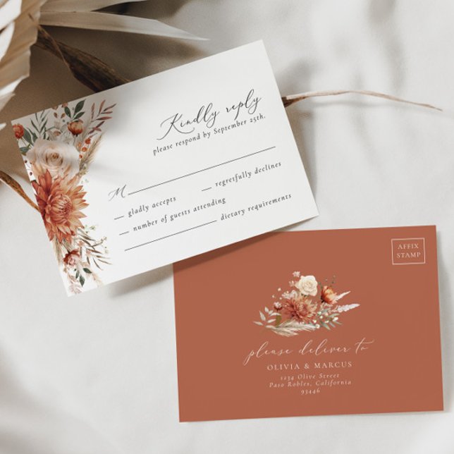 Terracotta Dahlia Rose Wedding RSVP Card (Creator Uploaded)