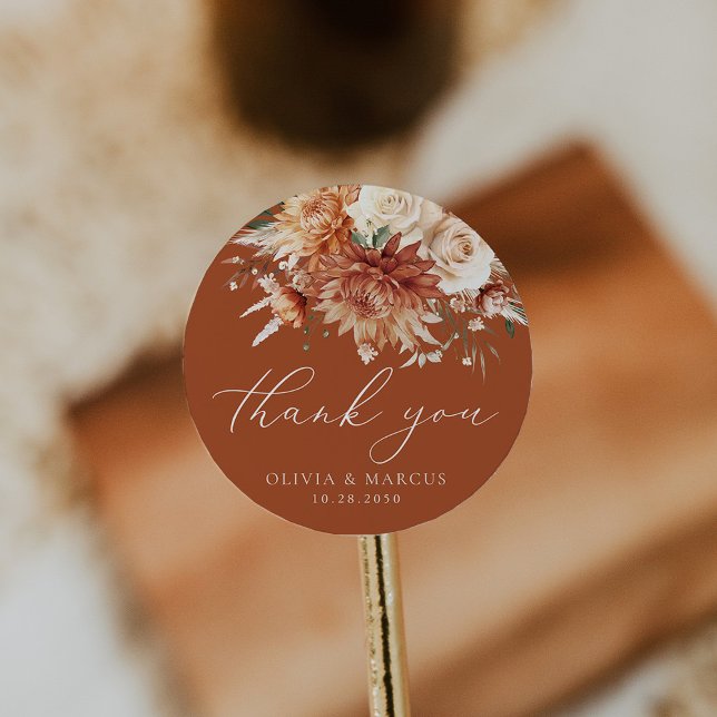 Terracotta Dahlia Rose Wedding Thank You Favor Classic Round Sticker (Creator Uploaded)