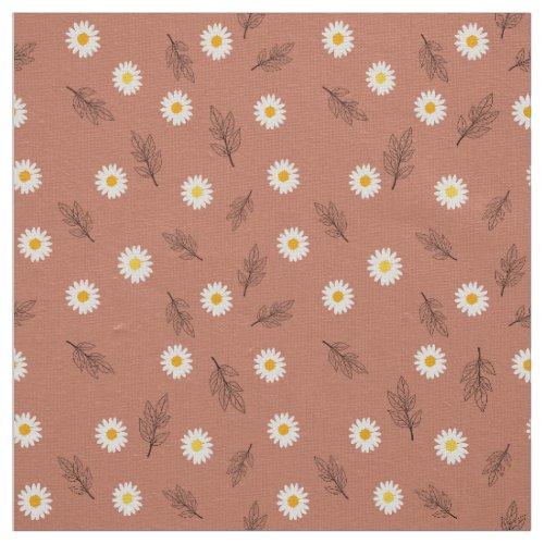 Terracotta Daisy Scatter Pattern Ivory Linen Fabric